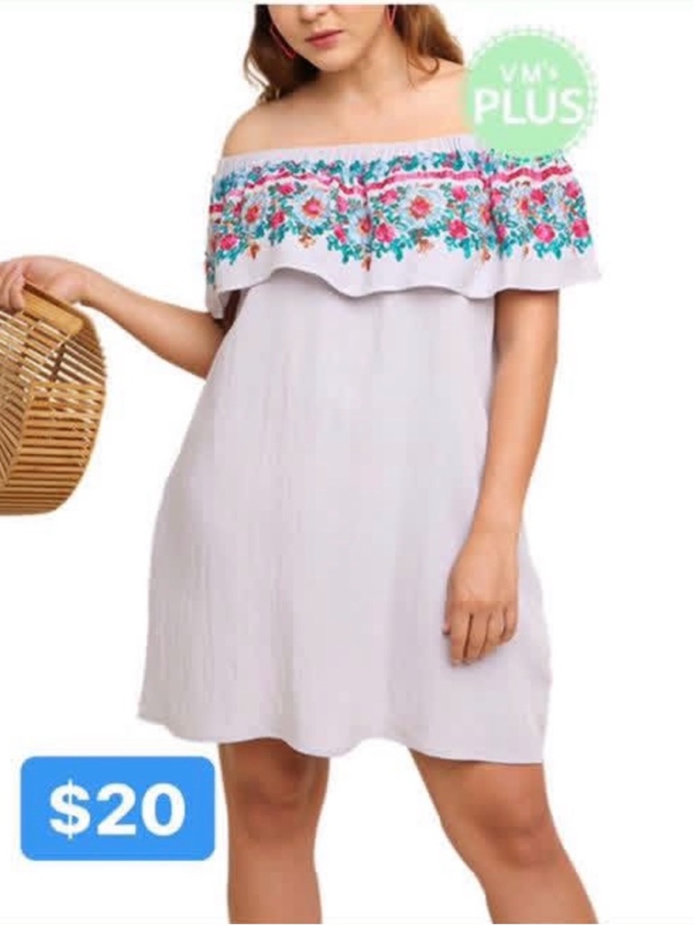 Off-Shoulder Embroidered Ruffle Dress - White with Pink & Teal Floral